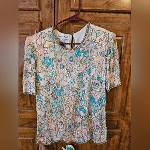 Vintage Laurence Kazar Size Lg‎ Sequined Cocktail Blouse Flowered Short Sleeve